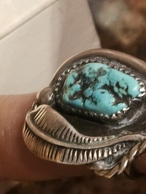 Turquoise Stone Sterling Feather Ring Size 6.5